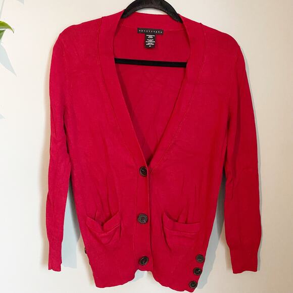 Red Button V Neck Cardigan Sweater - Picture 1 of 4